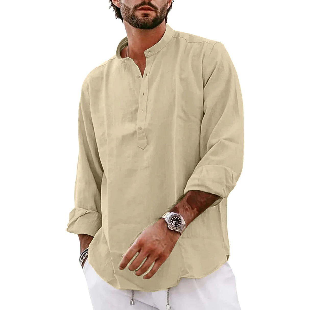 Streetwear Mens Cotton Linen Shirts Casual Lightweight Long Sleeve Henley Shirts for Men Beach Hawaiian Breathable T Shirts - Lootquake