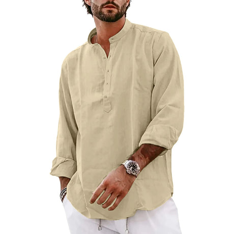 Streetwear Mens Cotton Linen Shirts Casual Lightweight Long Sleeve Henley Shirts for Men Beach Hawaiian Breathable T Shirts - Lootquake