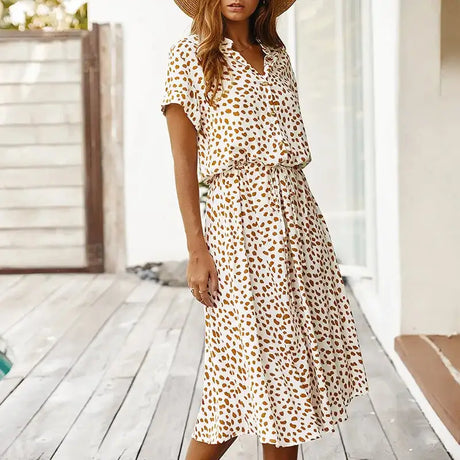 Vintage Floral Print Dress Women Boho Short Sleeve Long Dress Turn Down Collar Casual Waistband Shirt Dresses Robe 2021 Summer - Lootquake