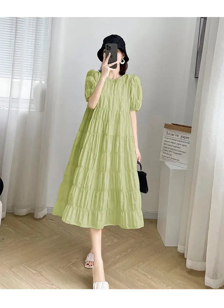 2025 Summer Maternity Pleated Dress Solid Color Loose Pregnant Woman Long Dress Short Sleeve Plus Size Pregnancy Ball Gown Dress - Lootquake