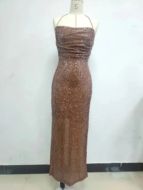 New Sexy Sleeveless Backless Lace-up Slim Long Dress Summer Elegant Pleated Backless Bright Sequins Dress Luxury Evening Dresses - Lootquake