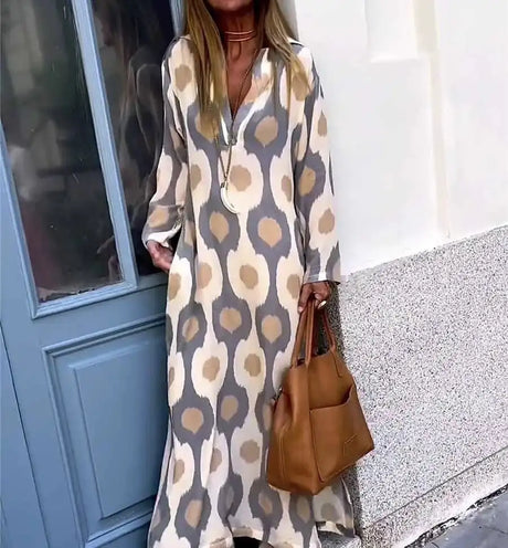 Bohemian Casual Print V-neck Long Dress Spring Autumn Vintage Mosaic Print Maxi Dress Loose Long Sleeve Holiday Dresses Vestido - Lootquake