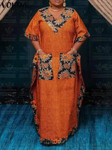 Plus Size 5XL VONDA 2024 Bohemian Printed Long Dress Summer Women V-Neck Short Sleeve Maxi Sundress Casual Pockets Loose Robe - Lootquake
