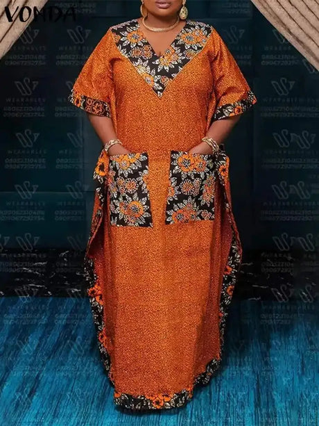 Plus Size 5XL VONDA 2024 Bohemian Printed Long Dress Summer Women V-Neck Short Sleeve Maxi Sundress Casual Pockets Loose Robe - Lootquake