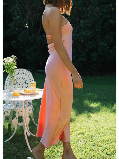 Women Summer Solid Color Party Strapless Dress Sleeveless Backless Elastic Strap Silk Surface Elegant Long Dress - Lootquake
