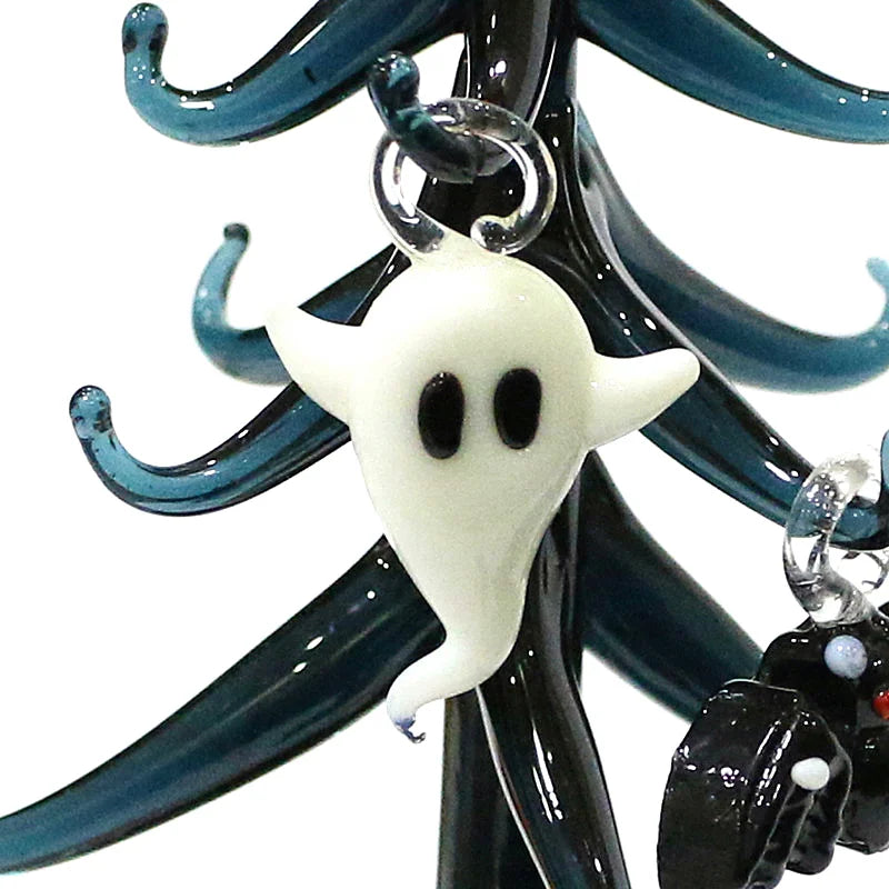 Halloween Decor Cute Glass Tree Figurine Ornaments with Mini Owl Spider Bat Pumpkin Cross Ghost Evil Eye Heart Moon Hat Pendant