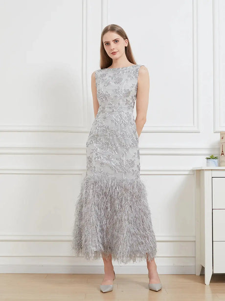 DEVCHATA New Organza Fishtail Long Dress Maxi Evening Sleeveless Bodycon Fitting Gown Feathers Women Robe Vestido - Lootquake