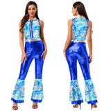 Womens Halloween Retro Hippie Cosplay Costume Party Hip-hop Dance Costume Metallic Shiny Vintage Carnival Bodysuit Jumpsuit