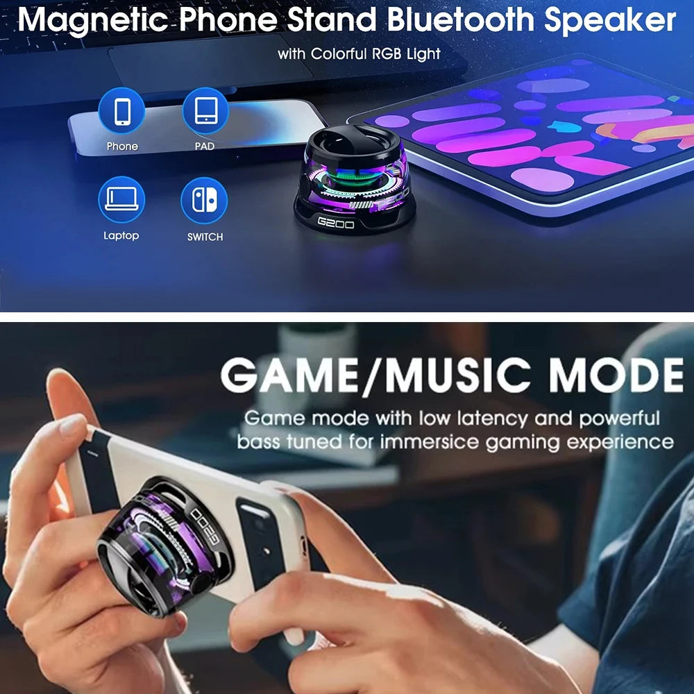 Enceinte Bluetooth portable G200, éclairage RGB, haut-parleur magnétique BT5.3, mini caisson de basses, autonomie de 7 heures, support pour téléphone