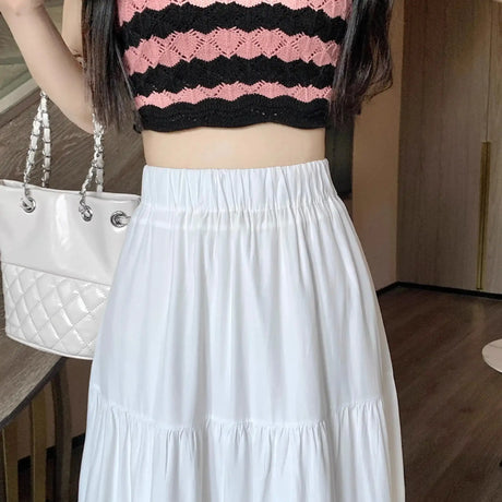 Spring 2024 New Women's Petite Black Umbrella Skirt High-waisted A- line White Dress Long Dress Drape Sense - Lootquake