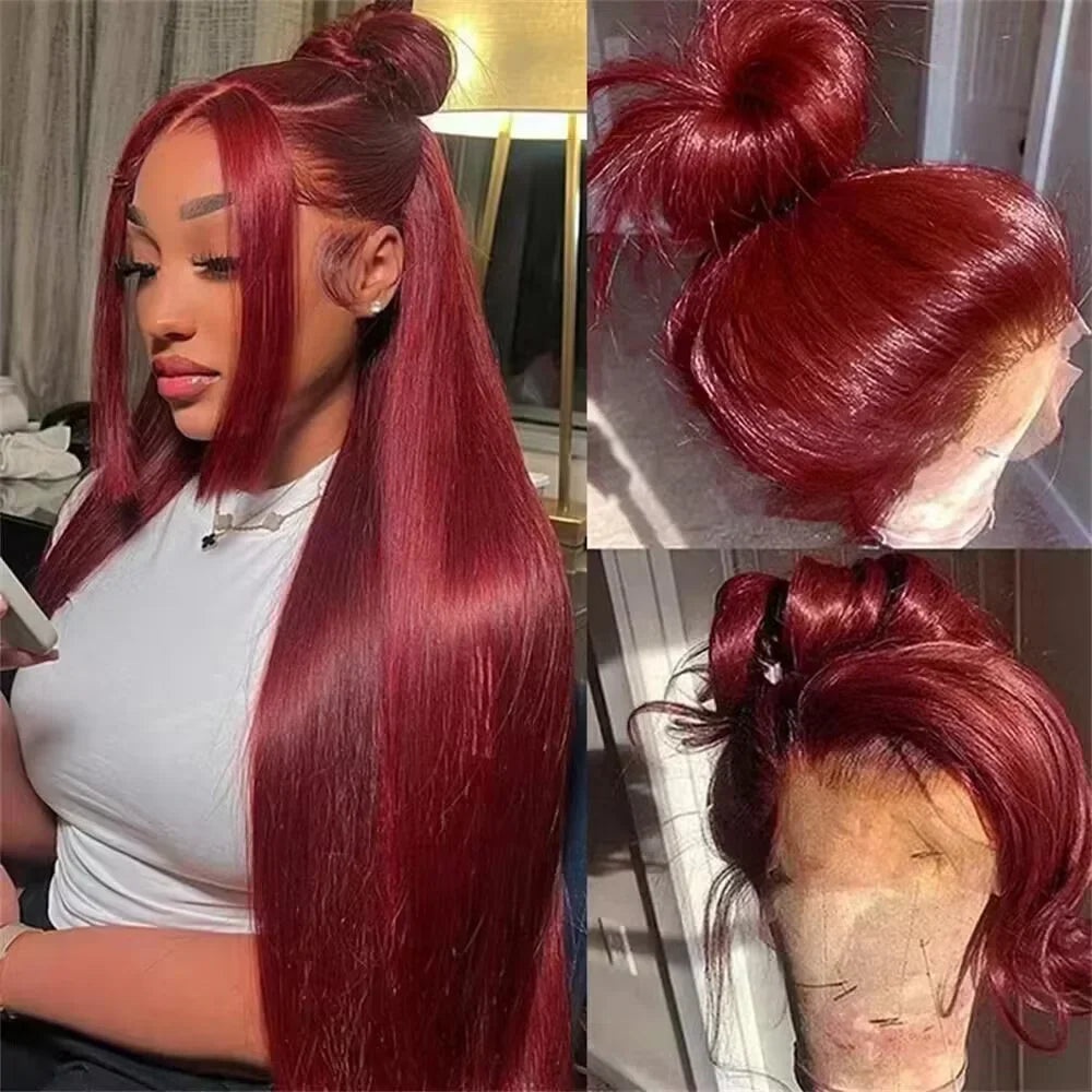 30 Inch Burgundy Bone Straight 13x4 Lace Front Wig | 13x6 HD Lace Frontal Human Hair Wig for Women (Colored)