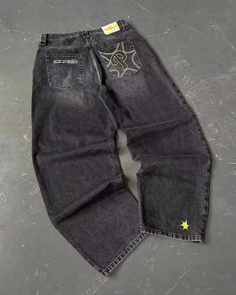 2023 New American Harajuku retro skull print straight high waist Y2K women's washed grey jeans Streetwear Gothic wide trousers - Lootquake