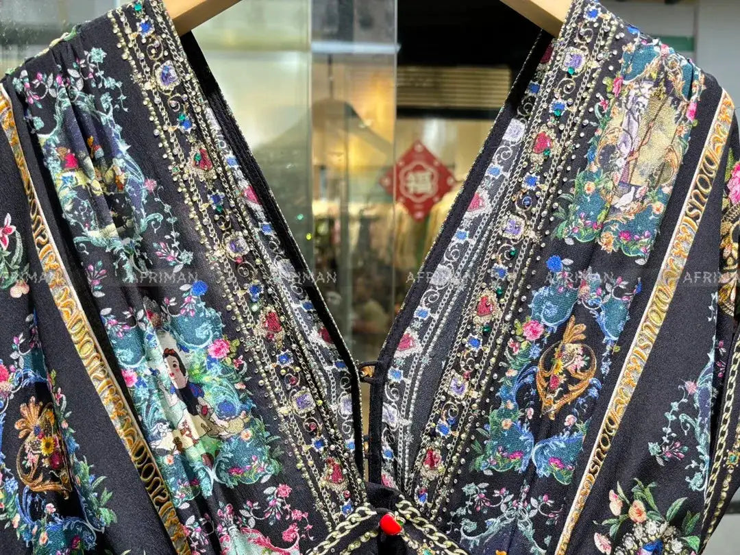 Women New V Neck Crystal Beaded Short Sleeve Retro Cartoon Print Elastic High Waist Silk Long Dress - Lootquake