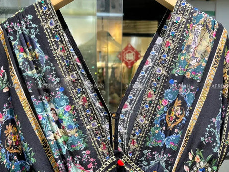 Women New V Neck Crystal Beaded Short Sleeve Retro Cartoon Print Elastic High Waist Silk Long Dress - Lootquake