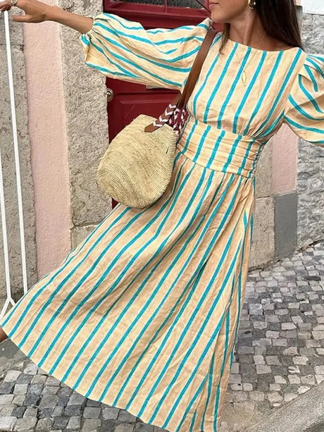 Hirigin Womens Summer Puff Sleeve Long Dress Boho Backless Tie Waist Maxi Dress Bohemian Midi Dress Gauze High Waist Dresses - Lootquake