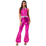 Womens Halloween Retro Hippie Cosplay Costume Party Hip-hop Dance Costume Metallic Shiny Vintage Carnival Bodysuit Jumpsuit