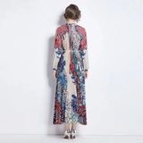 Spring Holiday Print Long Dress For Women Fashion Loose Lantern Sleeve Party Robe Female Big Swing Tassels Belt Pleated Clothes
