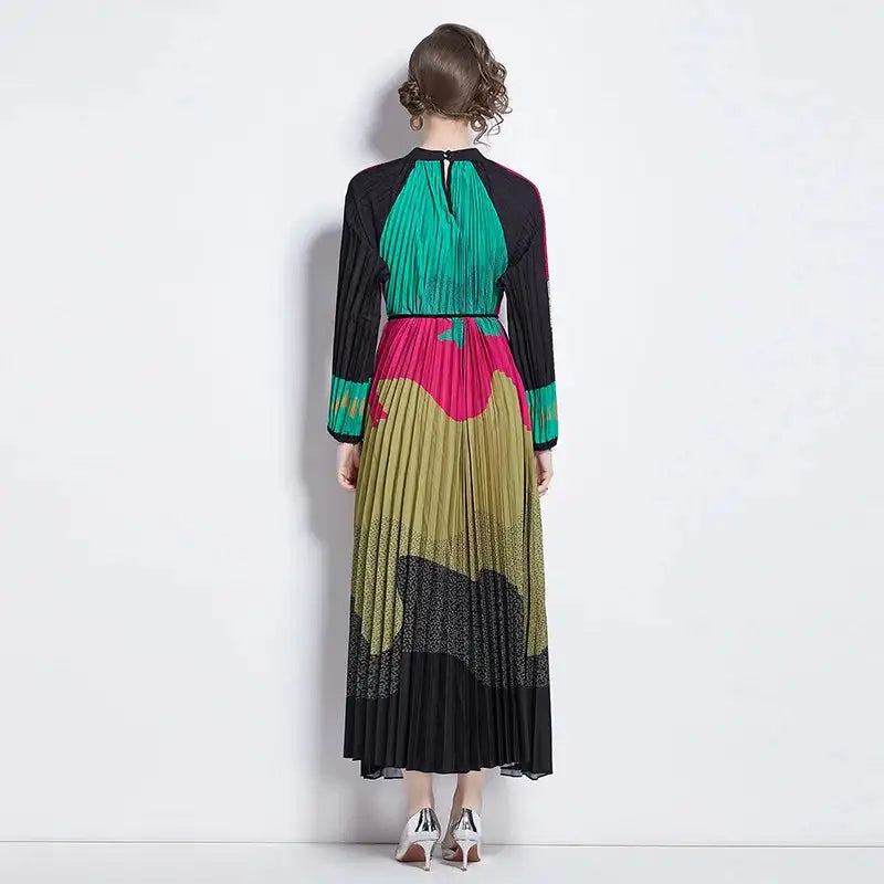 Spring Holiday Print Long Dress For Women Fashion Loose Lantern Sleeve Party Robe Female Big Swing Tassels Belt Pleated Clothes