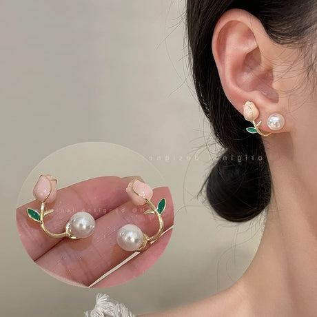 Kiss Jewelry Cute Sweet Flower Round Shape Pearl Rhinestone Stud Earrings for Women Tulip Floral Korean Fashion Earring Gift - Lootquake
