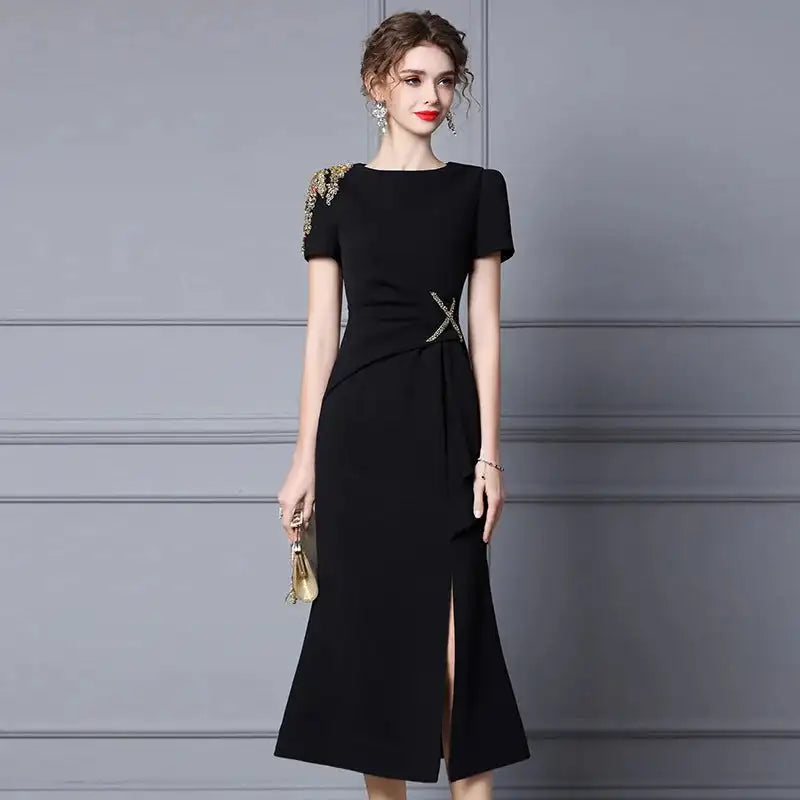 Long Dress Summer 2022 new purple nail drill elegant temperament close waist fish tail evening dress - Lootquake