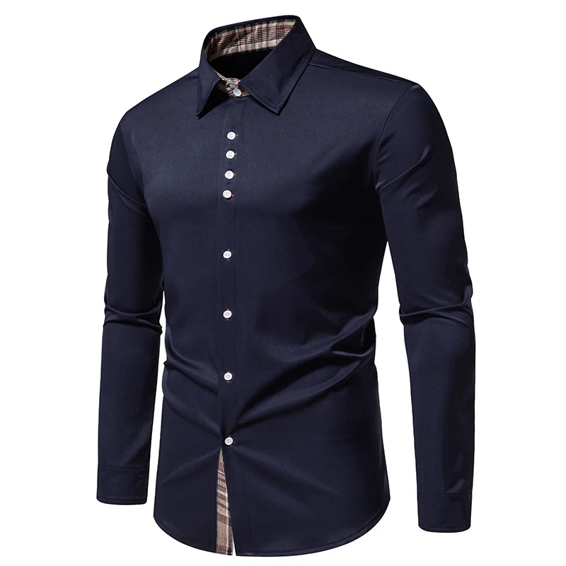 Plaid Color Block Navy Shirt Men 2024 Spring New Slim Fit Long Sleeve Mens Dress Shirts Party Casual Male Social Shirt - Lootquake