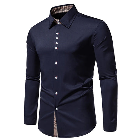 Plaid Color Block Navy Shirt Men 2024 Spring New Slim Fit Long Sleeve Mens Dress Shirts Party Casual Male Social Shirt - Lootquake