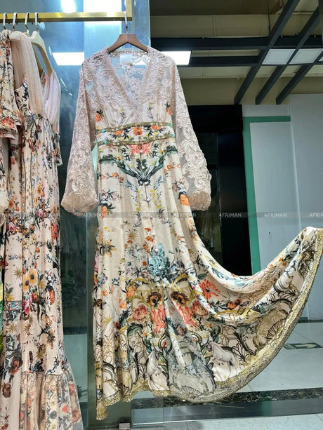 Women V Neck Lace Embroidery Patchwork Silk Floral Print Lantern Sleeve A-line Maxi Long Dress - Lootquake