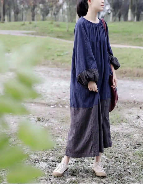 Oversized Spring New Women Big Size Robe Dress Korea Casual Loose Ladies Pullover Cotton Linen Dresses Woman Blue Long Dress - Lootquake