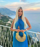 Hanging Neck Strap Split Long Dress Women Wrap Chest Backless High Waisted Slim Fit Robes Summer Chic Female Streetwear Vestido