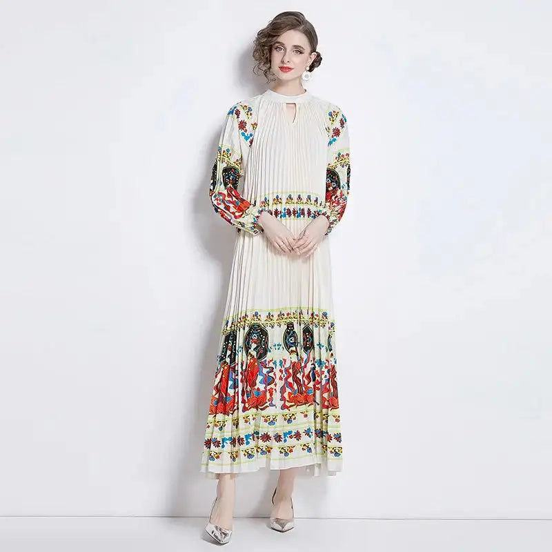 Spring Holiday Print Long Dress For Women Fashion Loose Lantern Sleeve Party Robe Female Big Swing Tassels Belt Pleated Clothes