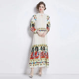 Spring Holiday Print Long Dress For Women Fashion Loose Lantern Sleeve Party Robe Female Big Swing Tassels Belt Pleated Clothes