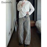 American Washed Leopard Print Wide Leg Jeans for Women Retro Street Distressed New Harajuku Style Hottie Baggy Y2K Casual Pants - Lootquake