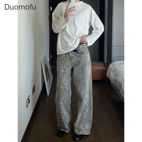American Washed Leopard Print Wide Leg Jeans for Women Retro Street Distressed New Harajuku Style Hottie Baggy Y2K Casual Pants - Lootquake