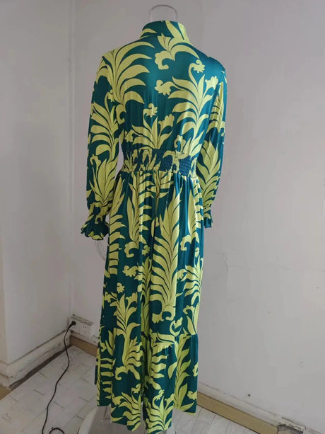 Europe And America Cross Border Autumn/Winter New Long Dress with Waist Pullover And Bohemian Print Long Sleeve Large Swing - Lootquake