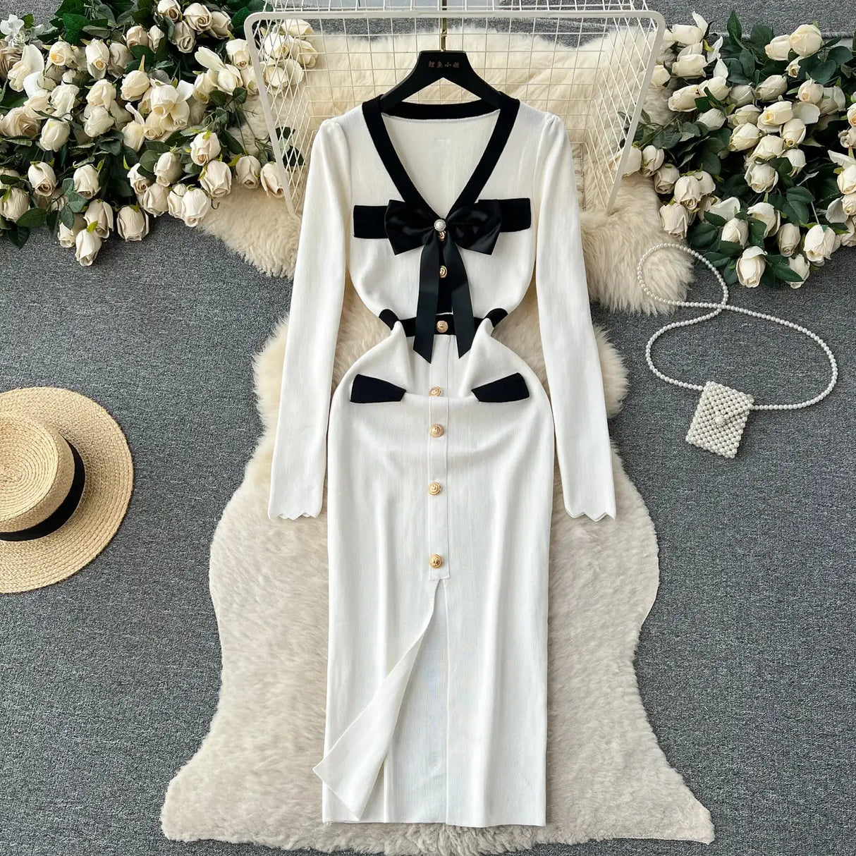 SINGREINY Office Lady Sweater Long Dress 2023 Bow Single Breasted Elastic Split Women Autumn Dress Fashion Senior Knitted Dress - Lootquake