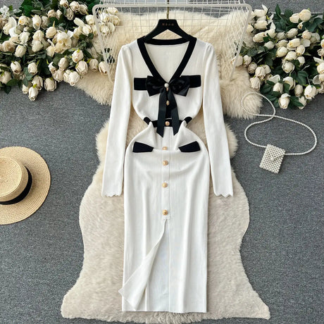 SINGREINY Office Lady Sweater Long Dress 2023 Bow Single Breasted Elastic Split Women Autumn Dress Fashion Senior Knitted Dress - Lootquake