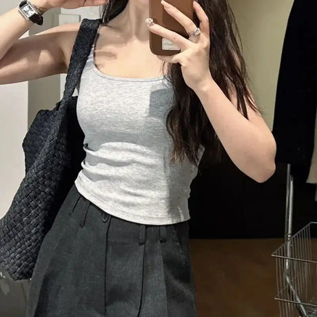 Solid All-Match Invisible Integrated Chest Pad Cami 2024 Spring New Korean Women clothes Short Sleeveless Top - Lootquake