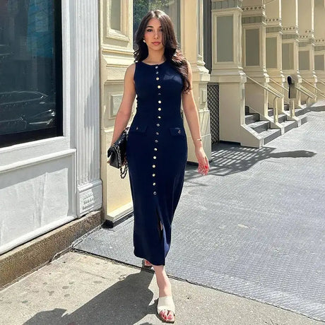 Fashion Knitted Long Dress For Women Elegant Sleeveless Button Maxi Sweater Bodycon Dresses Female Party Fashion Vestidos 2024 N - Lootquake
