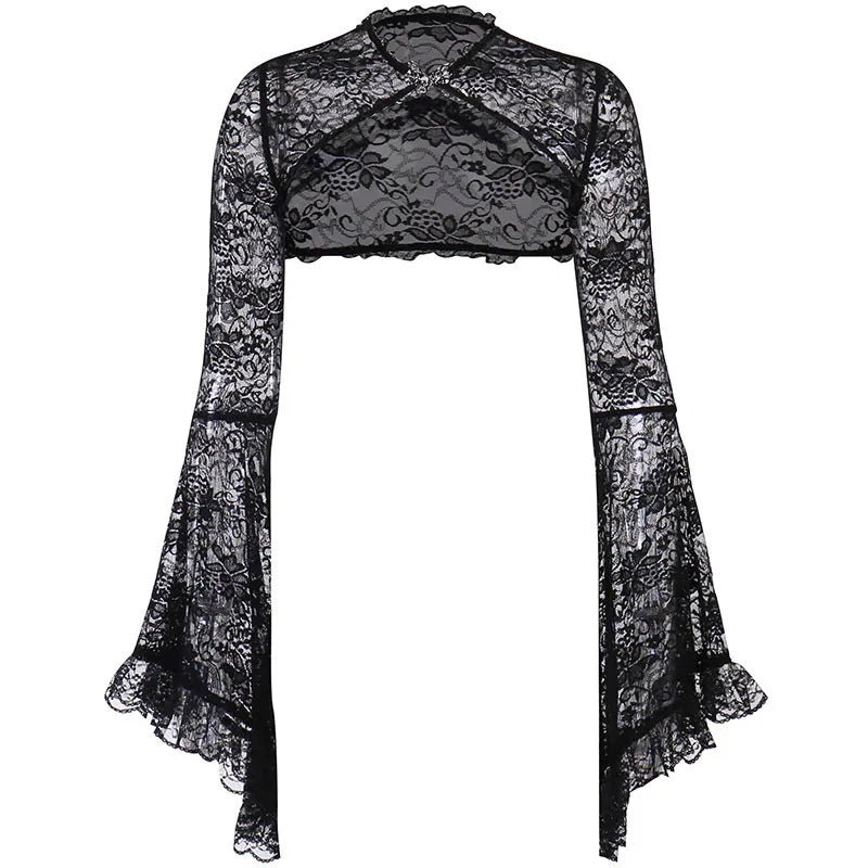 Lace Shrugs Sheer Crop Tops Long Bell Sleeves Cardigan Women Dark Gothic Wedding Punk Sexy Crochet Bolero Cover Up Shirt - Lootquake