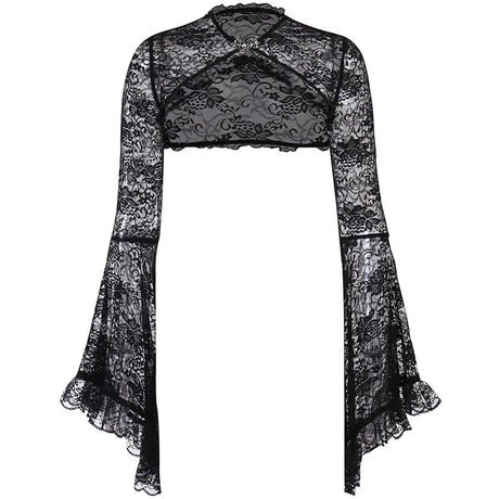 Lace Shrugs Sheer Crop Tops Long Bell Sleeves Cardigan Women Dark Gothic Wedding Punk Sexy Crochet Bolero Cover Up Shirt - Lootquake