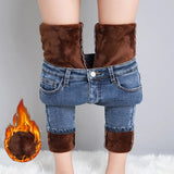 Women Thermal Jeans Winter Snow Warm Plush Stretch Jeans Lady Skinny Thicken Fleece Denim Long Pants Retro Blue Pencil Trousers - Lootquake