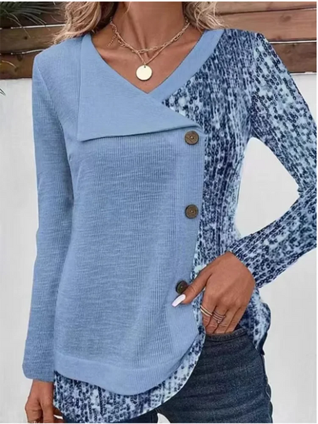 4 Color Blocked Button Long Sleeved Blouse Irregular Collar Women's Casual T-shirt Street Fashion Daily Autumn Top - Lootquake