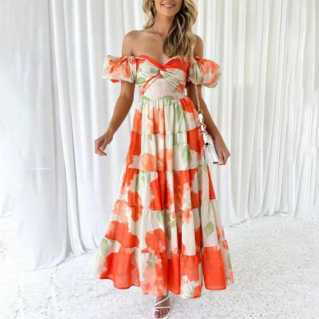 Summer V Neck Cutout Floral Print Dresses Elegant Women Puff Short Sleeve Casual Dress Pleated Waisted Swing Beach Long Dress - Lootquake