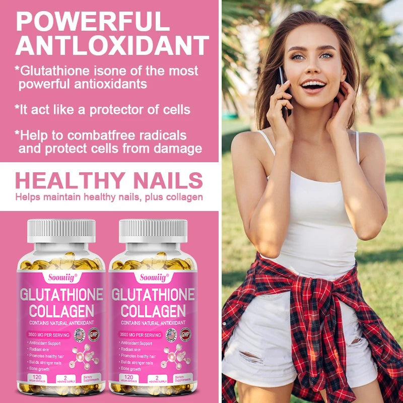 Cápsulas de colágeno con glutatión: aclaran la piel y previenen el envejecimiento. Favorecen la salud del cabello, la piel y las uñas. Sin OMG. Suplemento de glutatión.