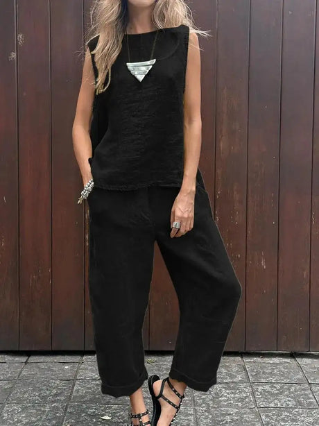 Summer Cotton And Linen Casual Outfits Female Fashion Solid Color Two-piece Set For Women Sleeveless Top Trousers Women's Suit - Lootquake
