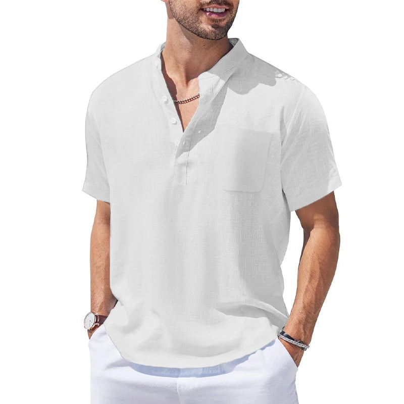 New Mens Henley Short Sleeve Casual Shirt Summer Cotton Shirts Beach Shirts Banded Collar Tshirts lightweight Shirts with Pocket - Lootquake
