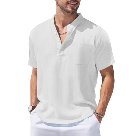 New Mens Henley Short Sleeve Casual Shirt Summer Cotton Shirts Beach Shirts Banded Collar Tshirts lightweight Shirts with Pocket - Lootquake