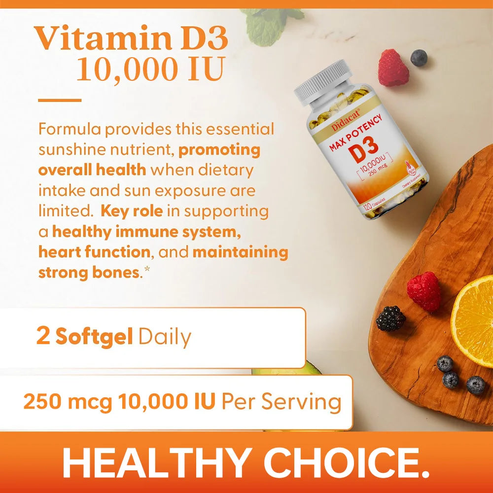Vitamina D3 10.000 UI - Huesos fuertes, corazón y refuerzo inmunitario - Suplemento sin OMG ni gluten