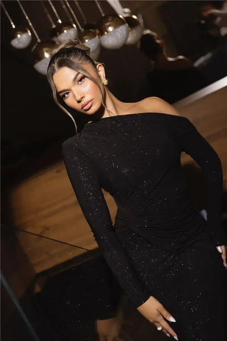 Mozision Sparkle Long Sleeve Sexy Maxi Dress For Women Inclined Shoulder Backless Bodycon Ruched Club Party Sexy Long Dress - Lootquake