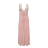 Y2K Chic Women Lace Trim Long Dress 90s Vintage Sexy V Neck Tie Up Backless Bodycon Elegant Lady Club Party Night Cocktail Dress - Lootquake